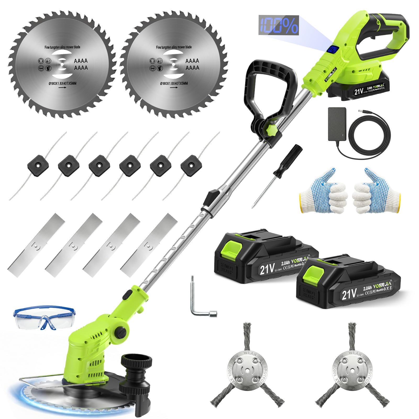 VOERJIA Akku Rasentrimmer 21V mit 2 Akkus, 4-in-1 Freischneider mit Teleskopstiel und LCD-Anzeige