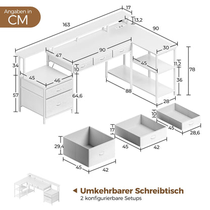 Seventable Eckschreibtisch L-Form mit LED & Steckdose – Weiss
