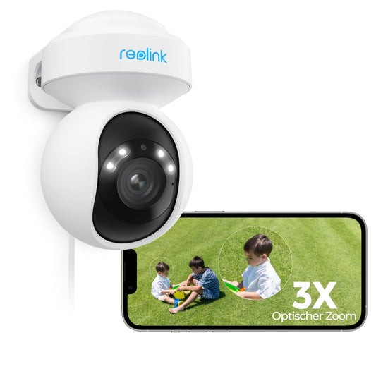 Reolink E1 Outdoor Pro 4K WLAN PTZ Überwachungskamera. Kompakte weiße Kamera zur 4K-Videoüberwachung außen per WLAN.