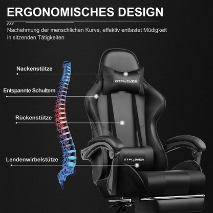 GTPLAYER Gaming Stuhl Bürostuhl Massage Fussstütze - Schwarz