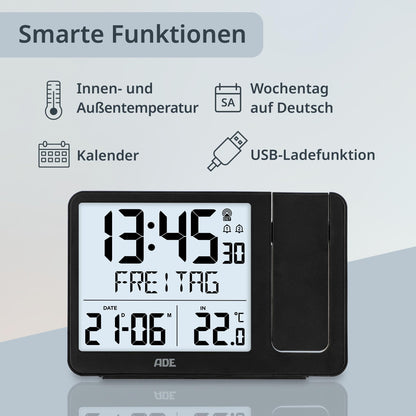 ADE Funkwecker CK2406-1 mit Projektion und Aussensensor, schwarz