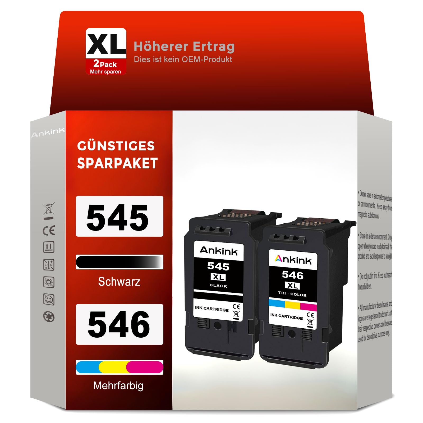 ANKINK Tintenpatronen kompatibel für Canon PG-545XL CL-546XL 2er-Pack, Schwarz und Farbe