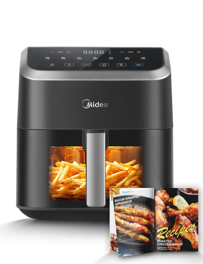 Midea Heissluftfritteuse 5L HeatXpress Easy-View – Schwarz. Kompaktes Design. Fettarmes Frittieren und Garen.