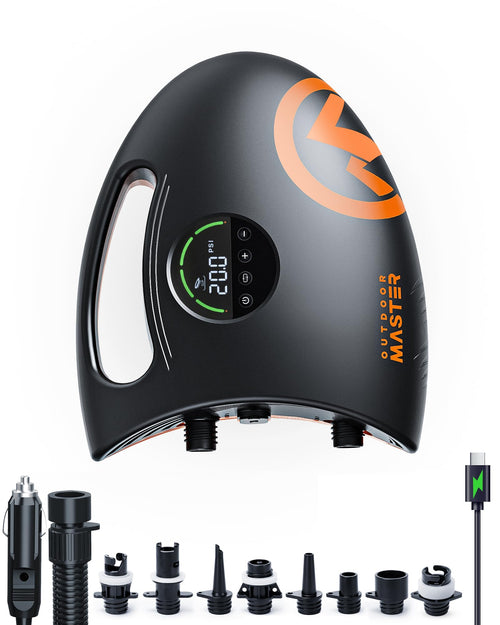 OutdoorMaster Shark 2S Elektrische SUP Pumpe mit Akku, 20 PSI, digitalem Display und 8 Düsen