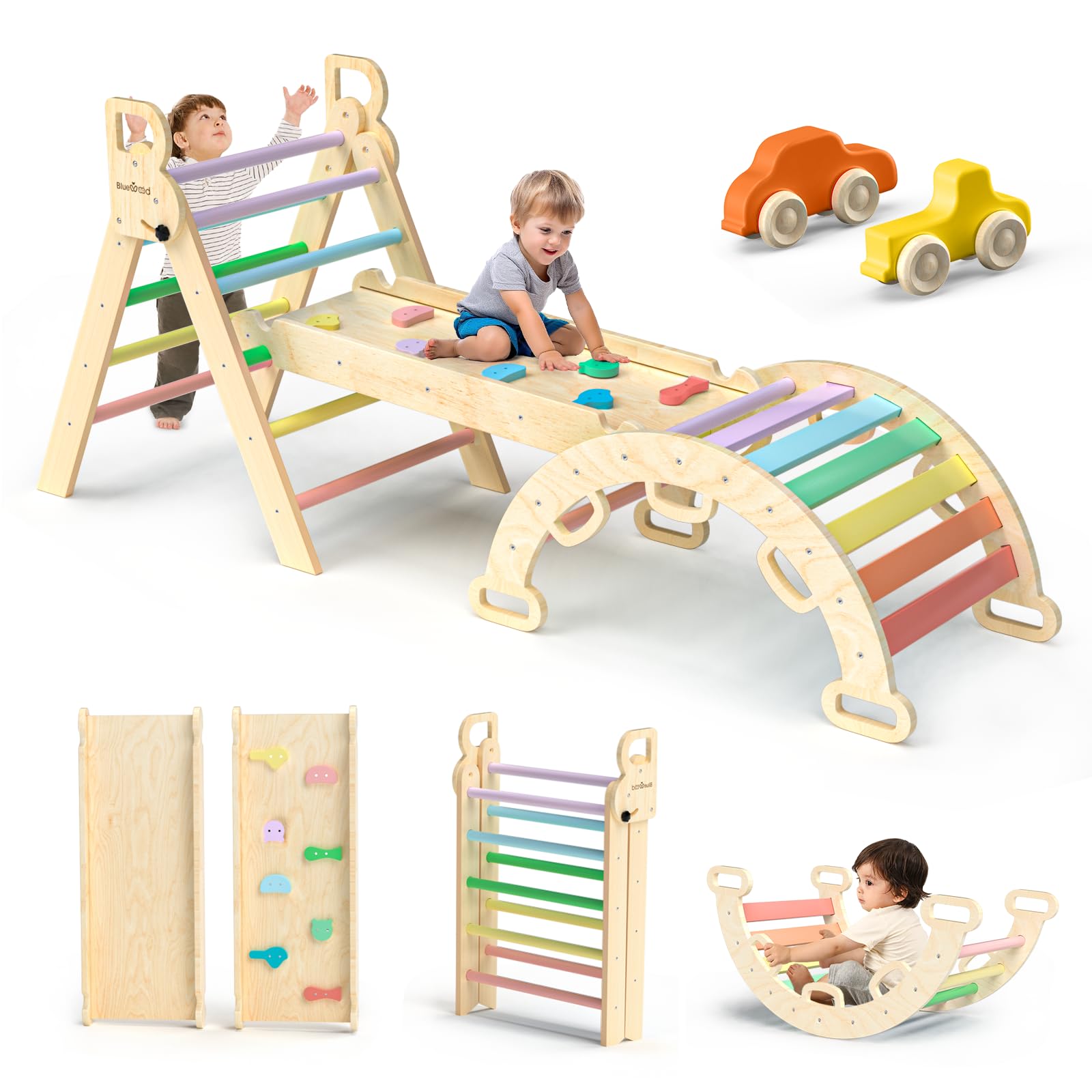 BlueWood 7-in-1 Montessori Kletterdreieck Kletterset - Kleinkinder. Robustes Holz Kletterset. Fördert Motorik und Gleichgewicht durch Klettern.