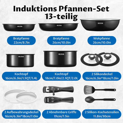 BEZIA Pfannen- & Topfset 13-tlg Induktion - abnehmbare Griffe