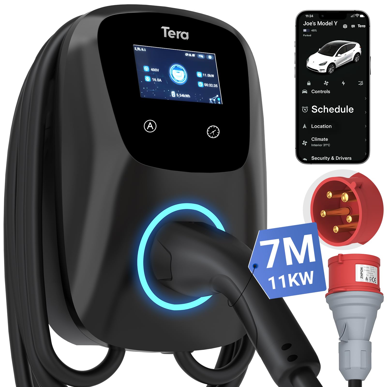 Tera W01 Wallbox EV Ladegerät Typ 2, 11 kW, 16 A, 7 m Kabel, App
