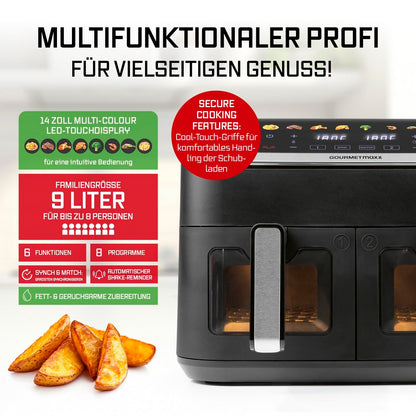 GOURMETmaxx AirGenius Heissluftfritteuse - 9L 2 Kammern für 8 Personen