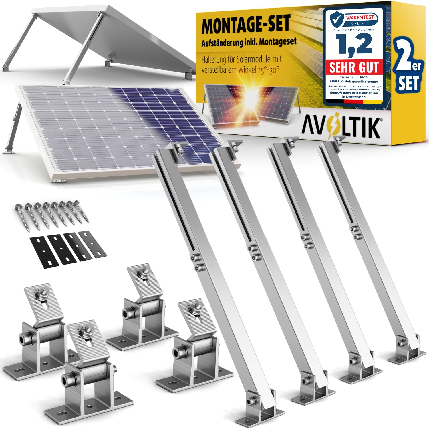 Avoltik Solarmodul-Halterung Aluminium 2er-Set verstellbar 15-30° – Aluminium-Stützen für zwei Solarmodule