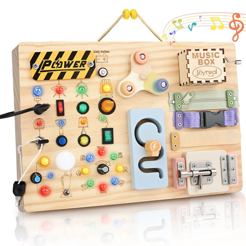 Joyreal Montessori Busy Board aus Holz, Motorikspielzeug mit 20 LEDs – Holzbrett mit Schaltern und Reissverschluss