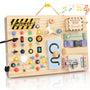 Joyreal Montessori Busy Board aus Holz, Motorikspielzeug mit 20 LEDs – Holzbrett mit Schaltern und Reissverschluss