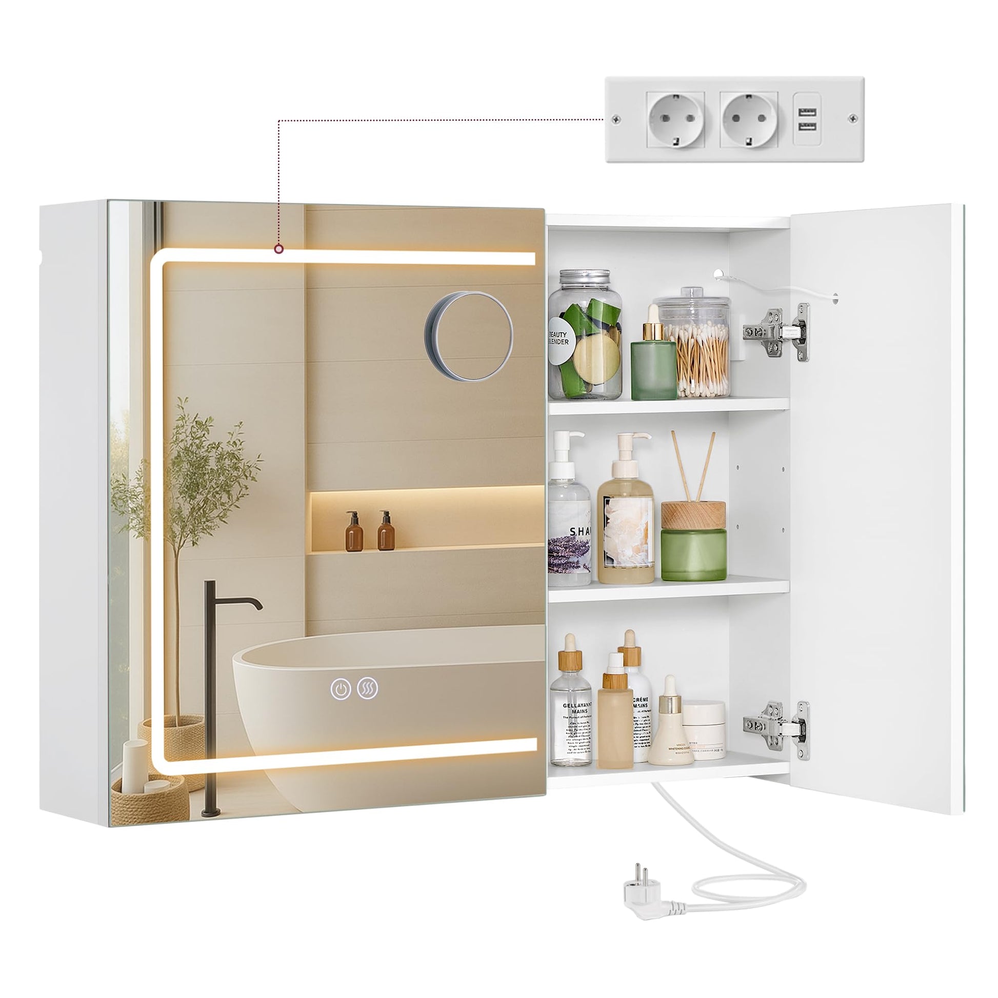 VASAGLE Kailyn Spiegelschrank mit LED-Beleuchtung, weiss, BBK134W01, moderner Wandschrank fürs Bad
