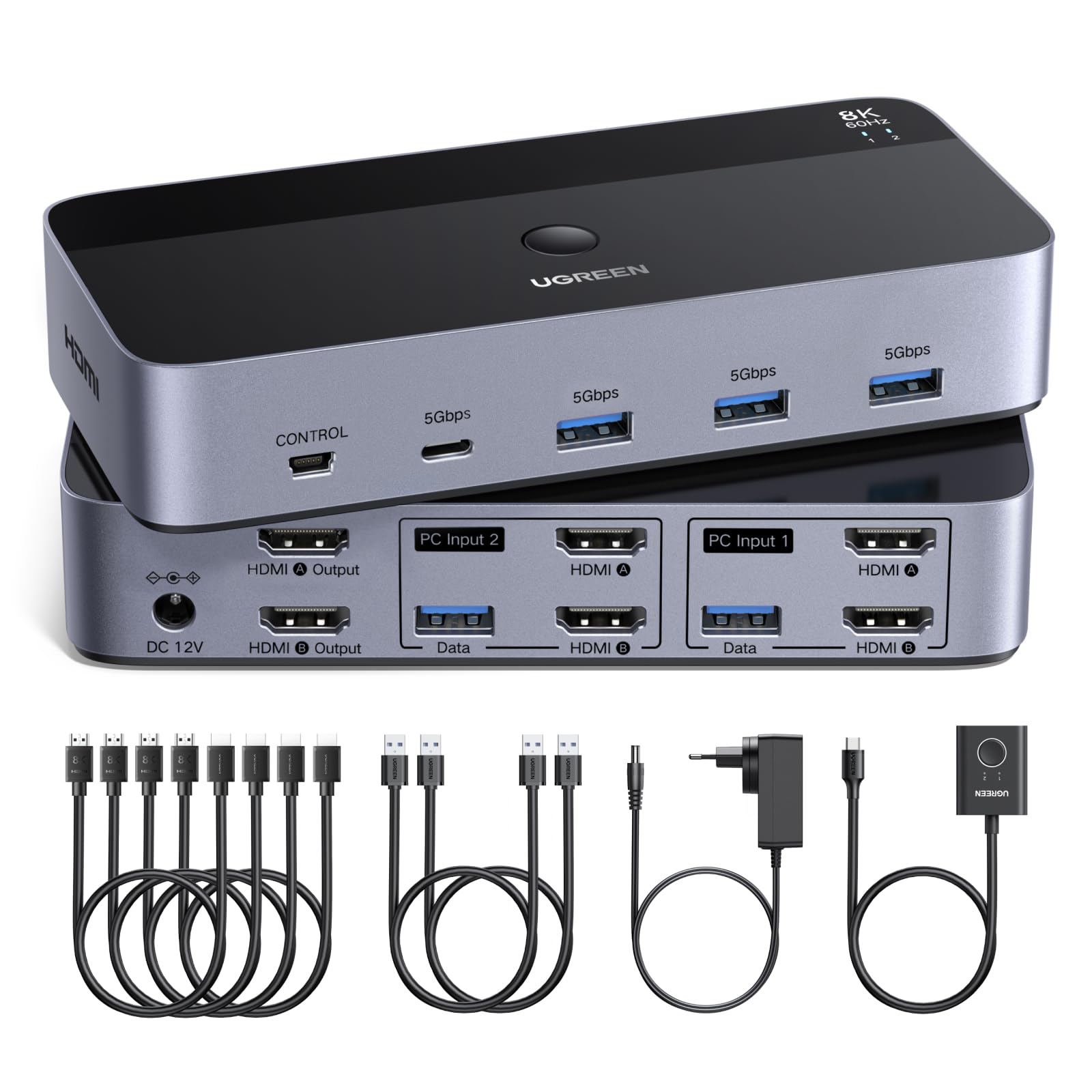 UGREEN AK703 HDMI KVM Switch für 2 PC und 2 Monitore, 8K60Hz mit Desktop-Controller und USB-3.0-Ports