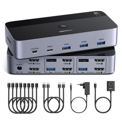 UGREEN AK703 HDMI KVM Switch für 2 PC und 2 Monitore, 8K60Hz mit Desktop-Controller und USB-3.0-Ports