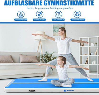 AKSPORT Air Track Gymnastikmatte aufblasbar mit Luftpumpe, blau