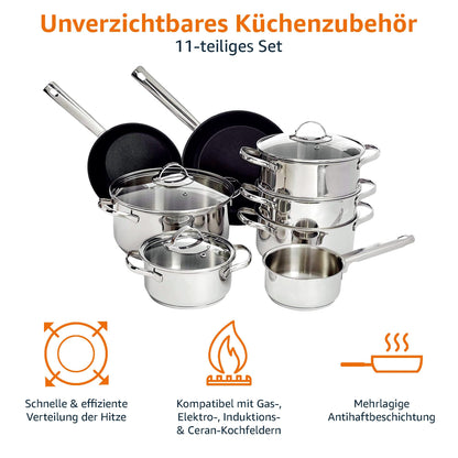 Amazon Basics 11-tlg. Kochgeschirr-Set Edelstahl Induktion