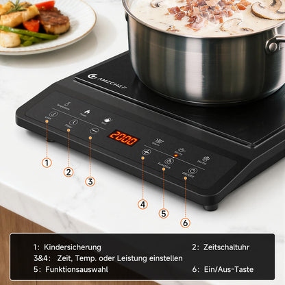AMZCHEF Induktionskochfeld 1 Platte, 2000 W, Sensorsteuerung, Timer