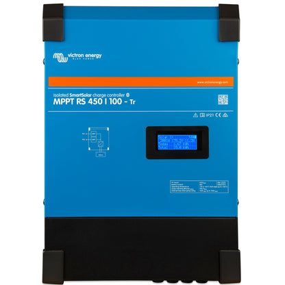Victron Energy SmartSolar MPPT RS Tr 450V 100A Solarladeregler 48V. Blauer, rechteckiger Regler. Optimiert Ladung von Solarmodulen zu 48V Batterien.