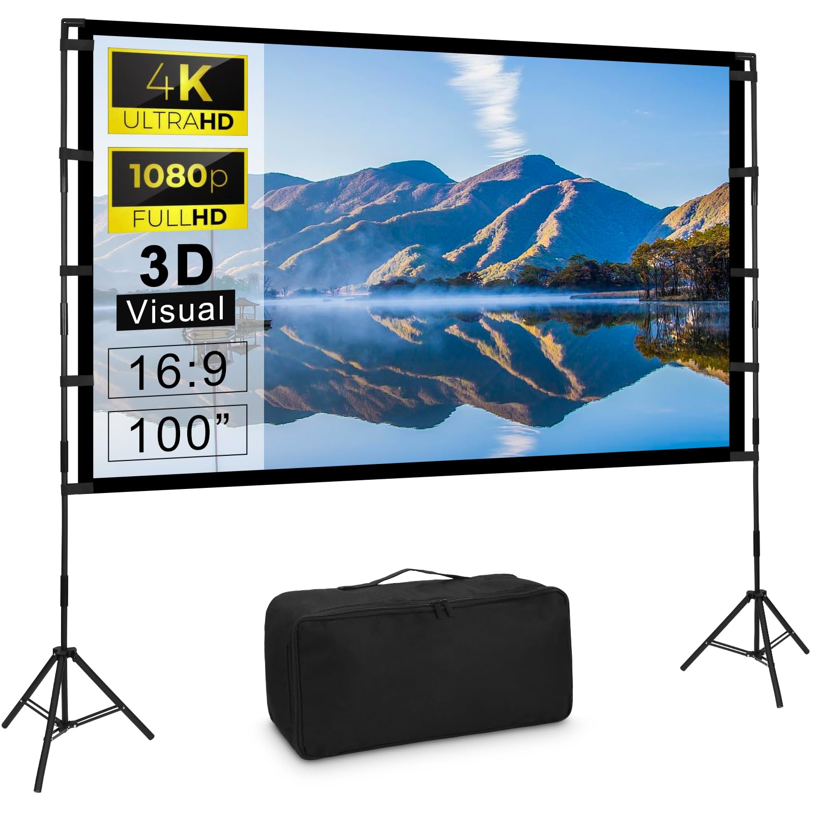 Universal Beamer Leinwand mit Stativ - 100 Zoll 16:9 HD. Weiße Projektionsfläche auf Stativ zur HD-Bildwiedergabe.
