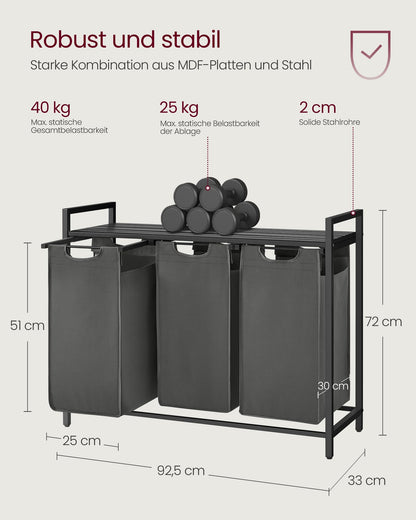 VASAGLE BLH301G01 Wäschekorb 3 Fächer mit Ablage - Grau 3x40L