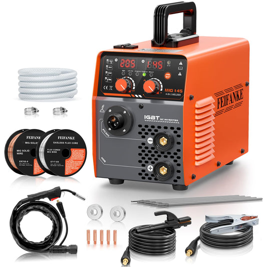 FEIFANKE Schweissgerät Fülldraht gaslos MIG/MMA/TIG 4in1 145A 230V. Für gasloses Fülldraht-, MIG-, MMA- und TIG-Schweißen von Metall.