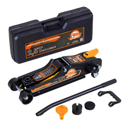 TALK-POINT Hydraulischer Rangierwagenheber 2,5t Low Profile, Orange – mit Hebelstange und 360°-Rollen