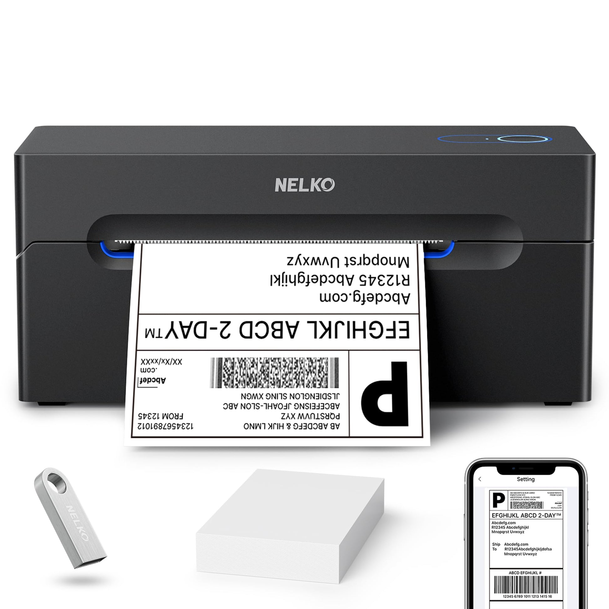 Nelko Bluetooth Versandetikettendrucker – Thermodrucker 4x6 Schwarz. Schwarzes Gerät zum kabellosen Drucken von 4x6 Versandetiketten.
