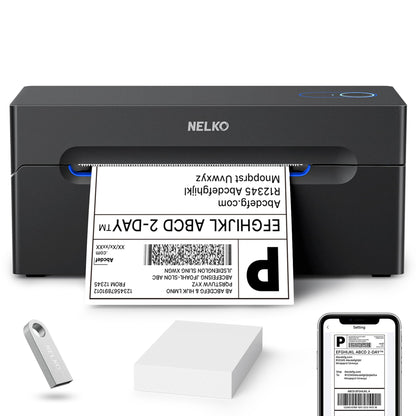 Nelko Bluetooth Versandetikettendrucker – Thermodrucker 4x6 Schwarz. Schwarzes Gerät zum kabellosen Drucken von 4x6 Versandetiketten.