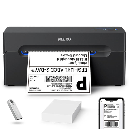 Nelko Bluetooth Versandetikettendrucker – Thermodrucker 4x6 Schwarz. Schwarzes Gerät zum kabellosen Drucken von 4x6 Versandetiketten.