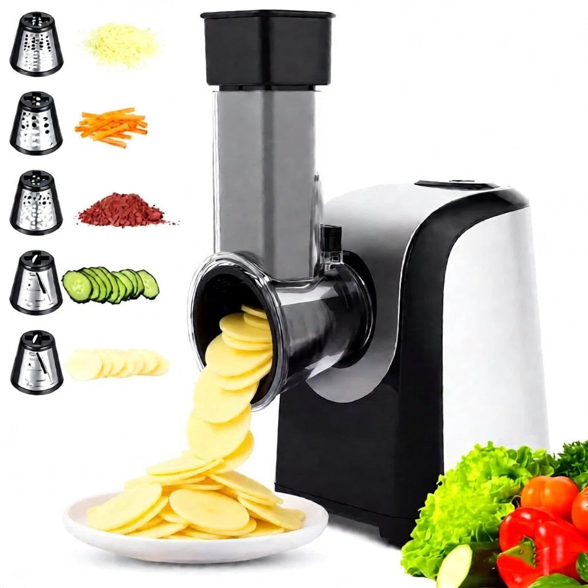 COOCHEER Elektrischer Gemüsehobel 5-in-1 Multireibe Edelstahl mit fünf Schneidetrommeln für Gemüse und Käse