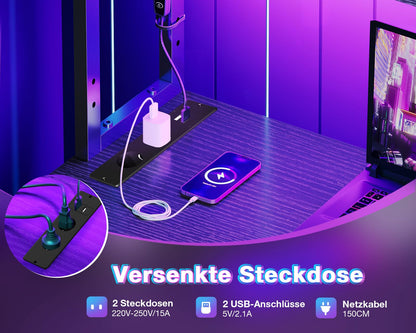 Coleshome Gaming Tisch L-Form mit LED und Steckdosen, Schwarz