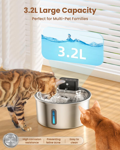 PawPoll Katzenbrunnen kabellos mit Bewegungsmelder, 3,2 L Edelstahl
