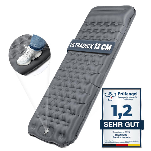 HIKENTURE Camping Isomatte aufblasbar 13 cm mit Kissen und Fusspumpe – graue Schlafmatte mit Kissenbereich