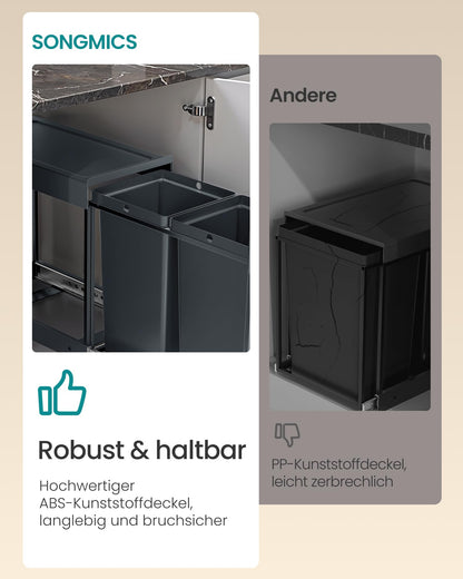 SONGMICS Mülleimer Küche, Mülltrennsystem für Unterschrank, 2 x 20 L