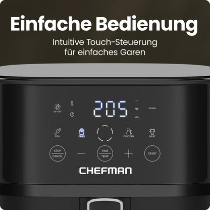 Chefman 5,7L Heißluftfritteuse, schnell & einfach, kompakte Heissluftfritteuse mit Hi-Fry Technologie, Touch Controls mit 4 Voreinstellungen, antihaftbeschichtet & spülmaschinenfest - Schwarz