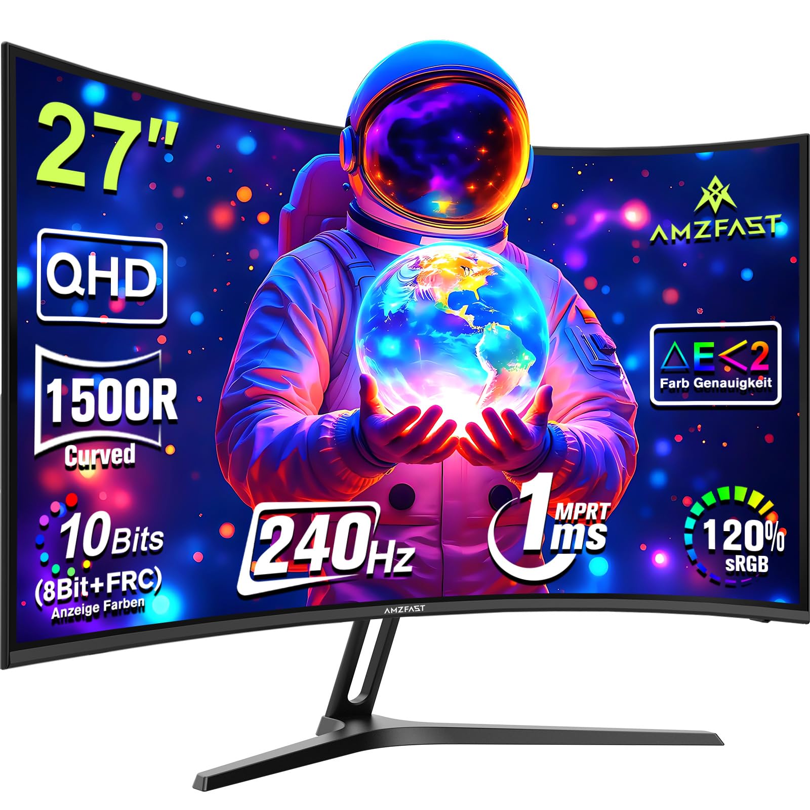 Amzfast AMZG27C1Q Pro Curved Gaming Monitor 27 Zoll QHD. Gekrümmter 27-Zoll-Monitor für hochauflösendes Gaming.