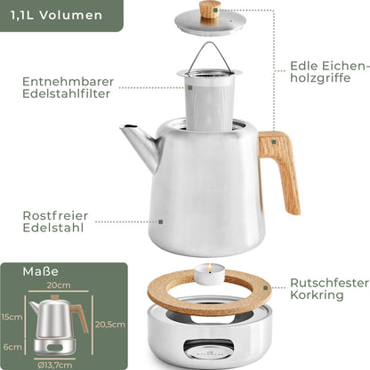 WALDWERK Teekanne mit Stövchen, Edelstahl, Sieb, 1.1L Eiche