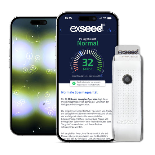 ExSeed Health Spermatest für zu Hause – 5 Tests. Weißes, kompaktes Testkit zur Heimanalyse der Spermienqualität und -konzentration.