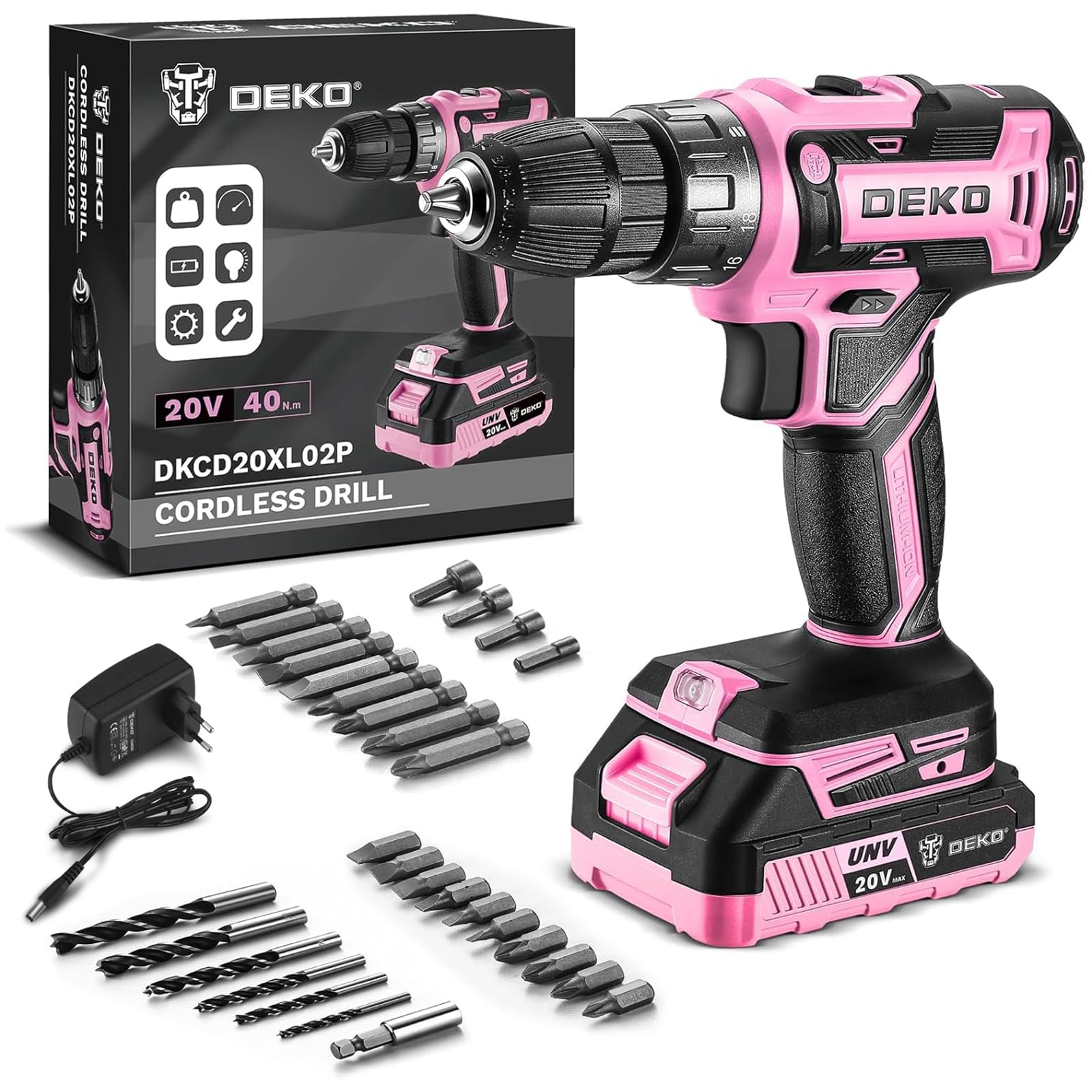 DEKOPRO Akku-Bohrschrauber 20V Set, 40 Nm, mit Akku und Zubehör, Gummigriff und LED