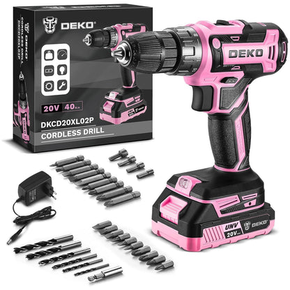 DEKOPRO Akku-Bohrschrauber 20V Set, 40 Nm, mit Akku und Zubehör, Gummigriff und LED