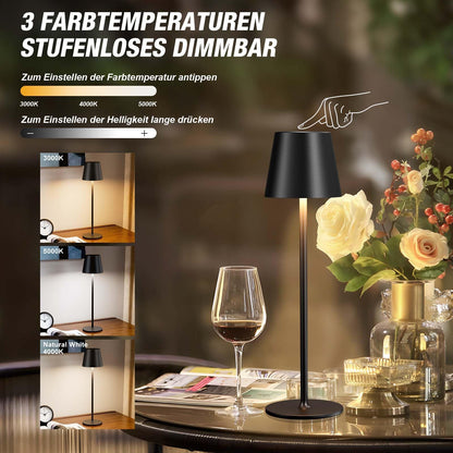 PreeOtti Akku LED Tischlampe kabellos 2er Set, Touch dimmbar, schwarz