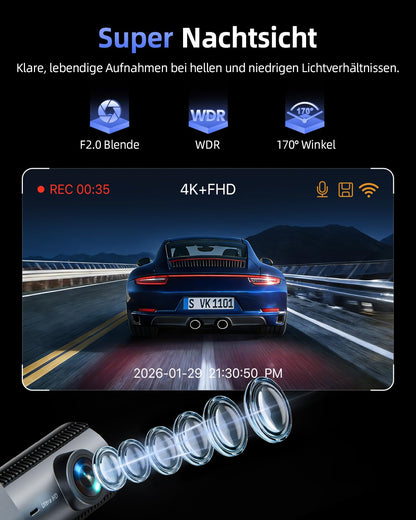 Cievie D100 Dashcam Auto, 4K + 1080P vorne/hinten, WLAN, Nachtsicht