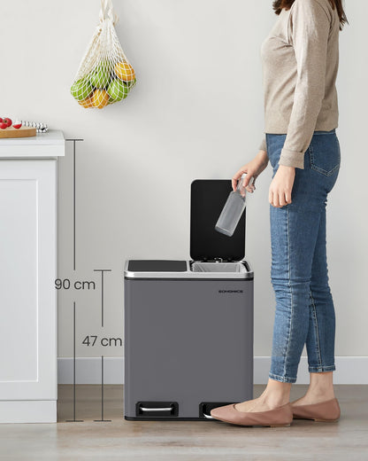 SONGMICS Mülleimer Küche 2 x 15 Liter Mülltrennsystem Softclose-Deckel