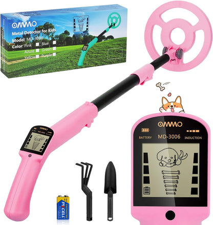 OMMO MD-3006 Metalldetektor für Kinder mit LCD-Display, rosa, verstellbarer Stiel und 6-Zoll-Suchspule