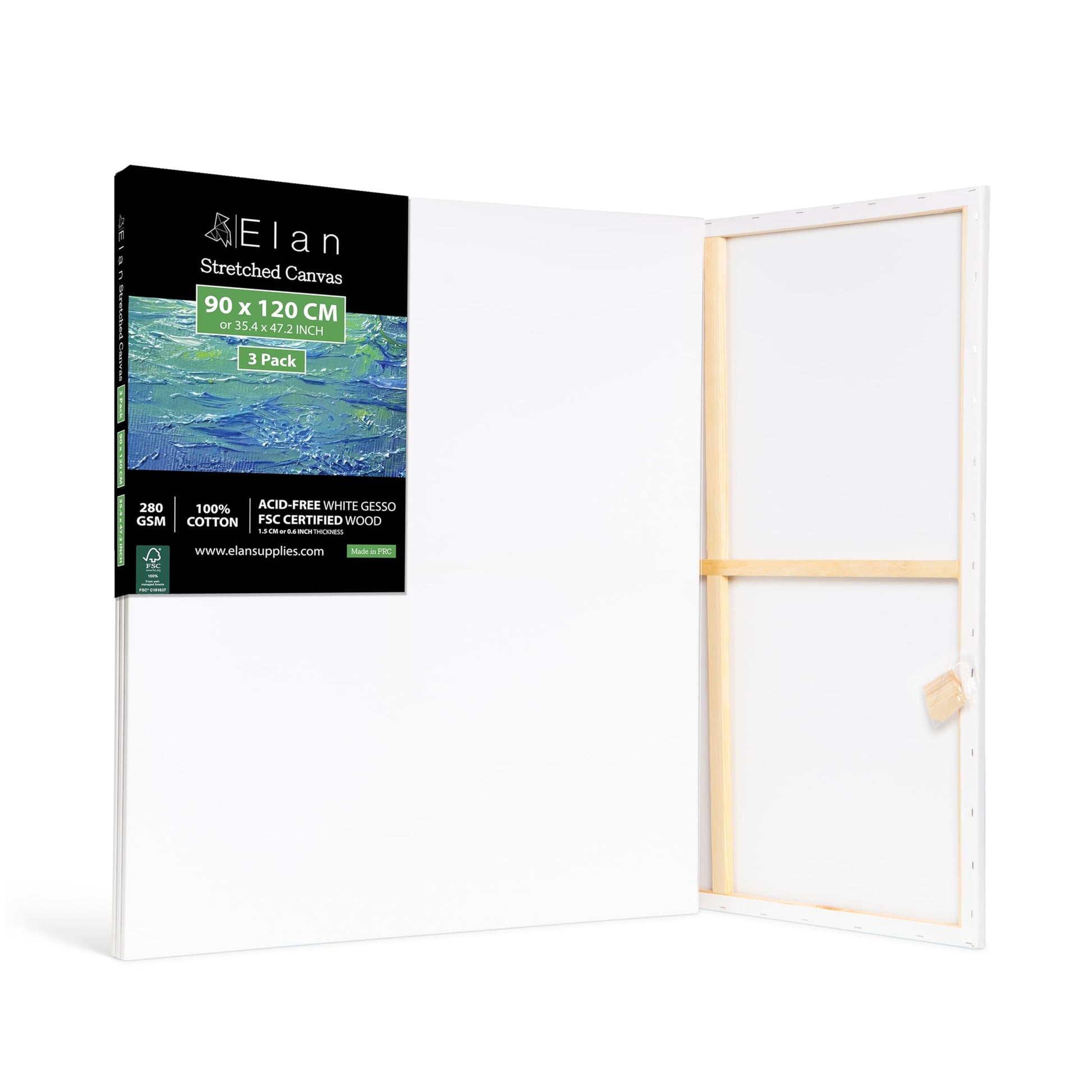 Elan Keilrahmen Leinwand – 90x120 cm 3er Set Baumwolle. Drei rechteckige, weiß grundierte Baumwollleinwände für Malerei.