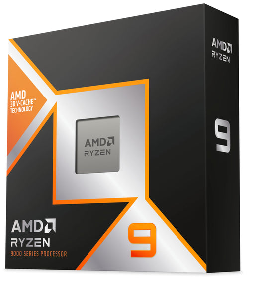 AMD Ryzen 9 9950X3D Desktop Prozessor 4.3/5.7GHz. Quadratischer, silberner Chip. Berechnet Daten in Desktop-PCs.