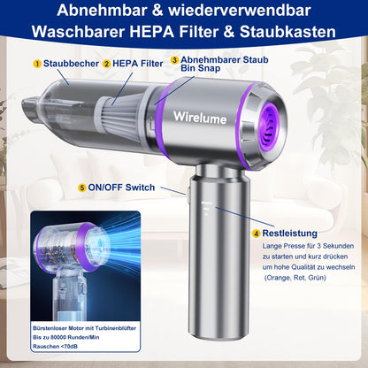 Wirelume Handstaubsauger Akku kabellos, 22000 Pa, 4 in 1, Lila