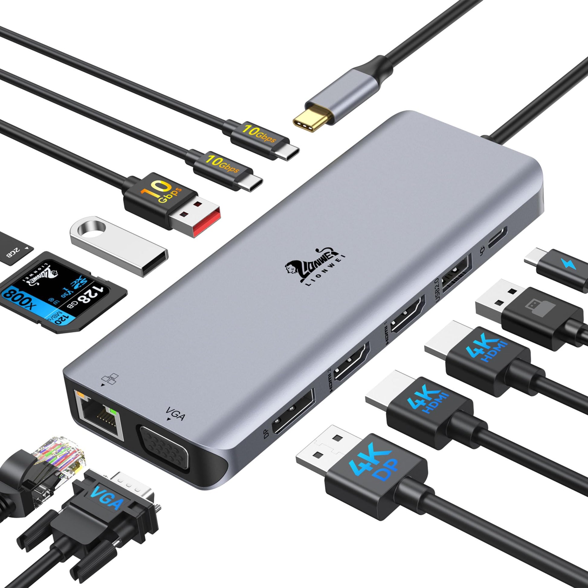 LIONWEI USB-C Dockingstation 13-in-1, Triple Display, 2x HDMI 4K – Multiport-Adapter für bis zu drei Monitore
