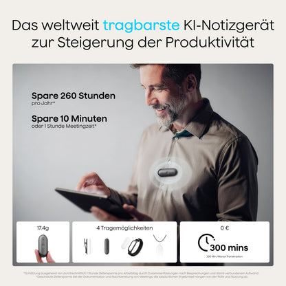 Plaud NotePin S Diktiergerät mit KI-Transkription, Grau