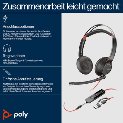 Poly Blackwire 5220 schnurgebundenes Headset USB-A/USB-C/3,5 mm